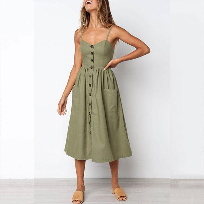 Spaghetti Strap Single Breasted sleeveless Plain Dress