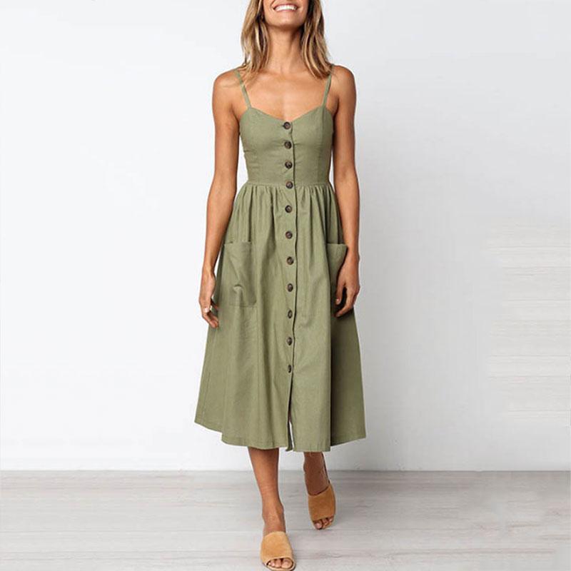 Spaghetti Strap Single Breasted sleeveless Plain Dress