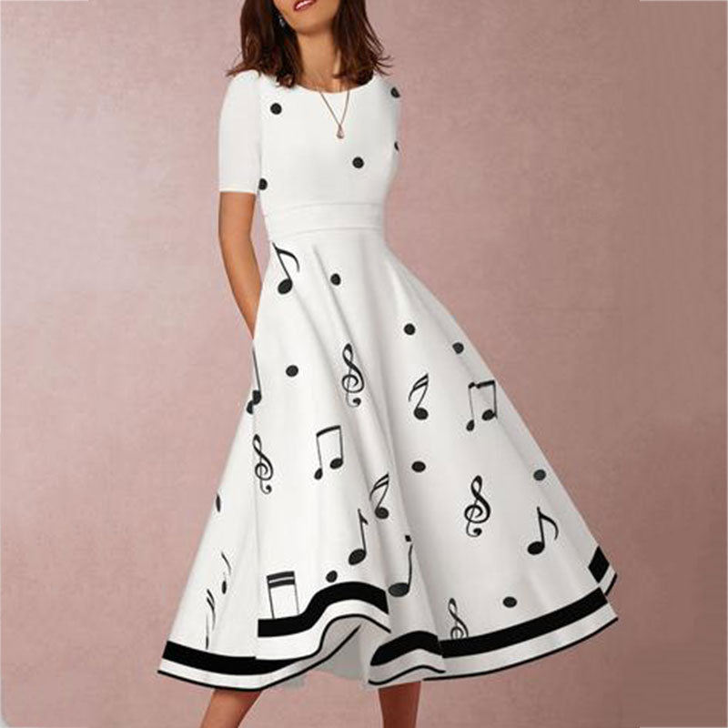Round Neck short sleeve  Printed Midi Dress