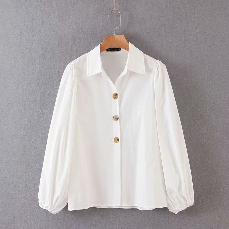 Vintage Puff Sleeve Single-Breasted Solid Color Shirt