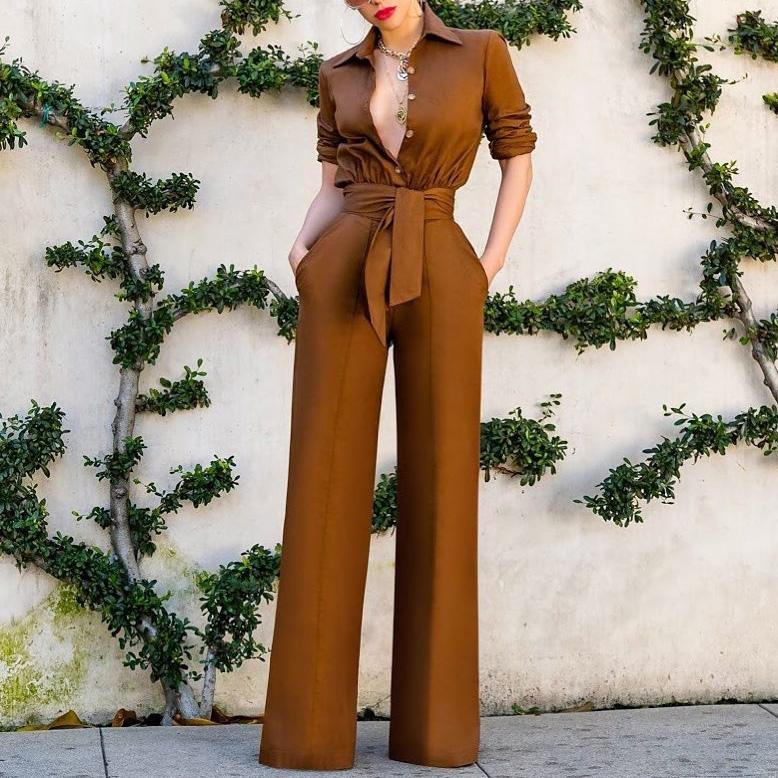 Sexy Turndown Collar Pure Colour Long Sleeve Jumpsuit