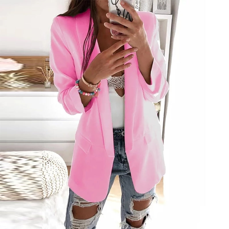 Casual Pure Color Fold Over Collar Long Sleeve Blazer