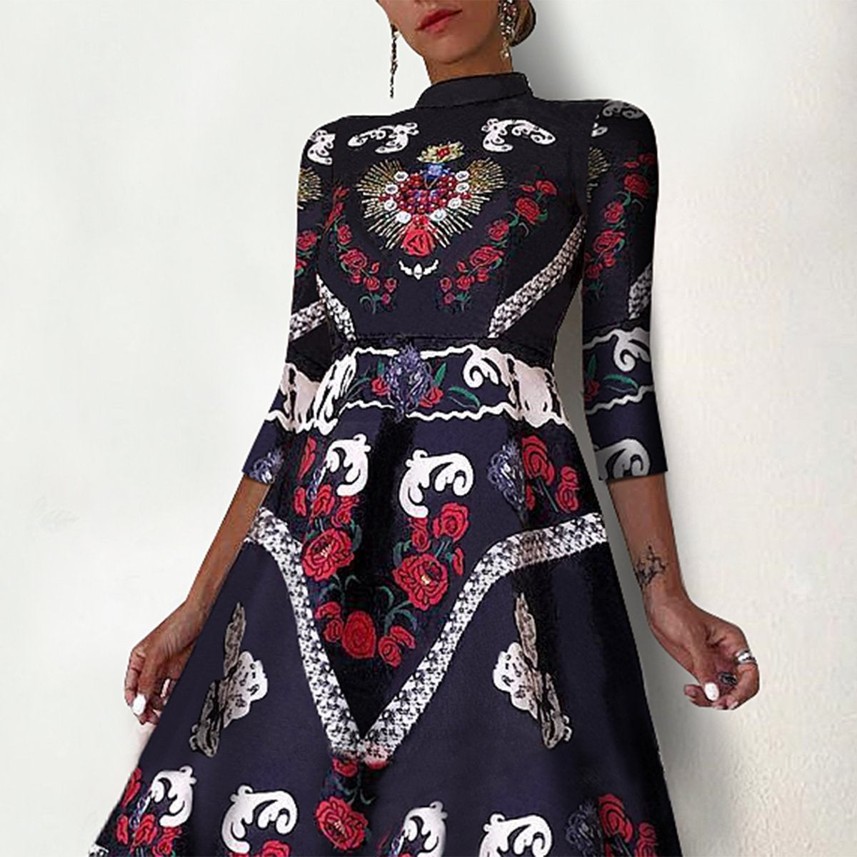 3/4 Sleeve Fashion Elegant Ethnic Style Floral Printed Skater Dresses