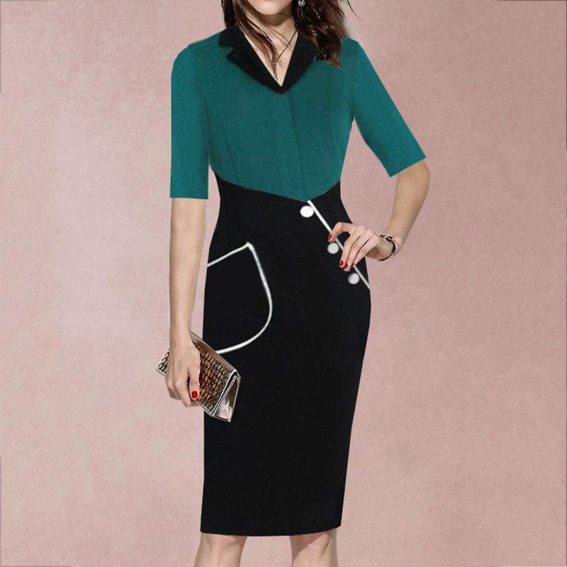 V-Neck short sleeves Patch Pocket  Decorative Button  Color Block Bodycon Dress