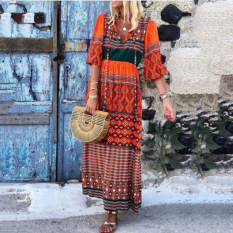 Women's Bohemian Printed V-Neck Dress