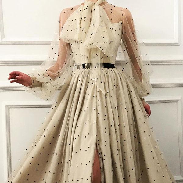 Fashion Elegant Lace-Up Transparent Spotty Long Sleeves Evening Dress