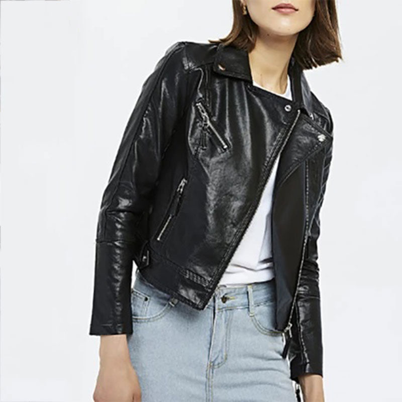 Fashion Short Lapel Slim Solid Color Leather Jacket Moto Jackets