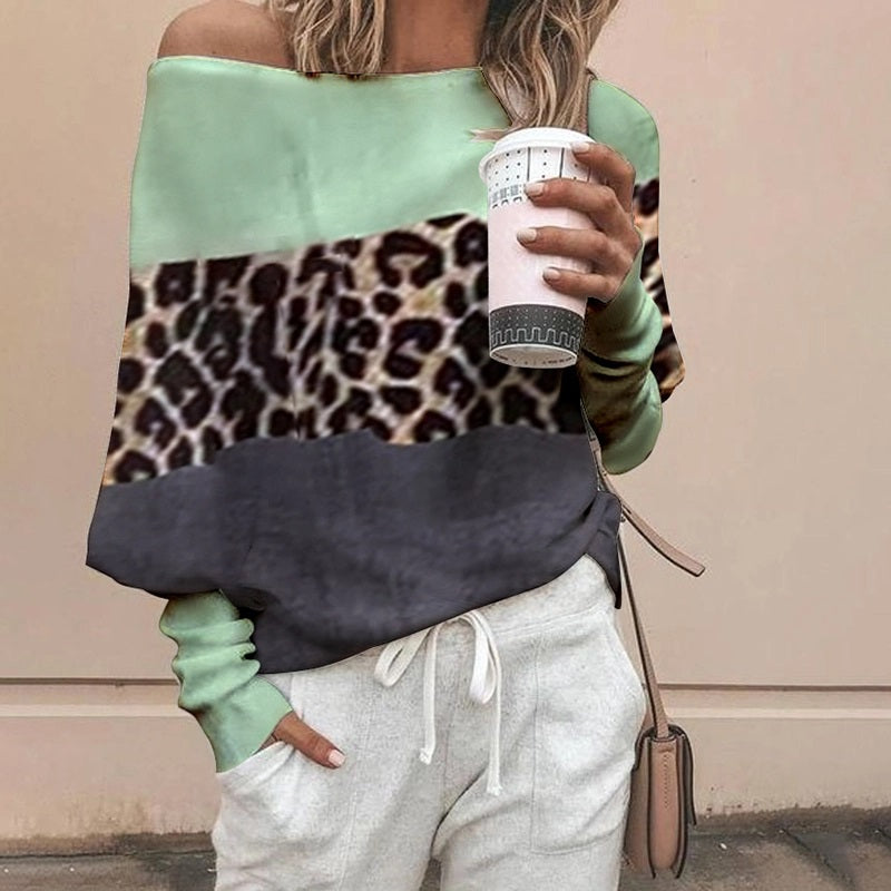 Simple Stitching Leopard Off-The-Shoulder Knitwear