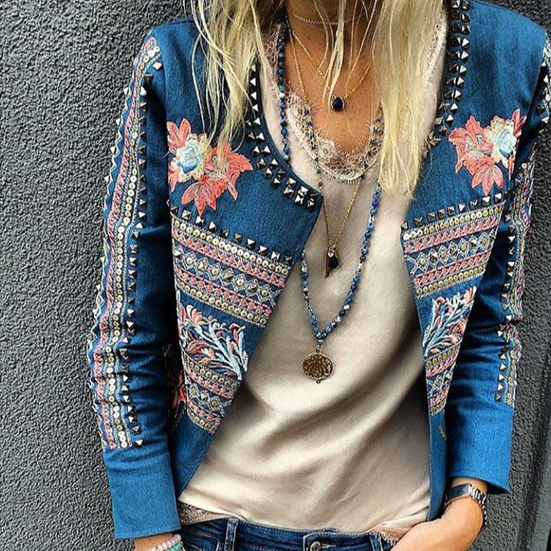 Fashion Printed Studded Long Sleeve Slim Jackets