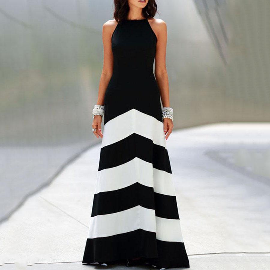 Backless  Color Block Wave Stripe  Sleeveless Maxi Dresses