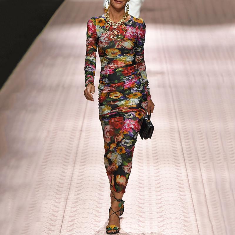 Fashion long sleeve Round Collar Floral Printed Trim Hip Bodycon Dress