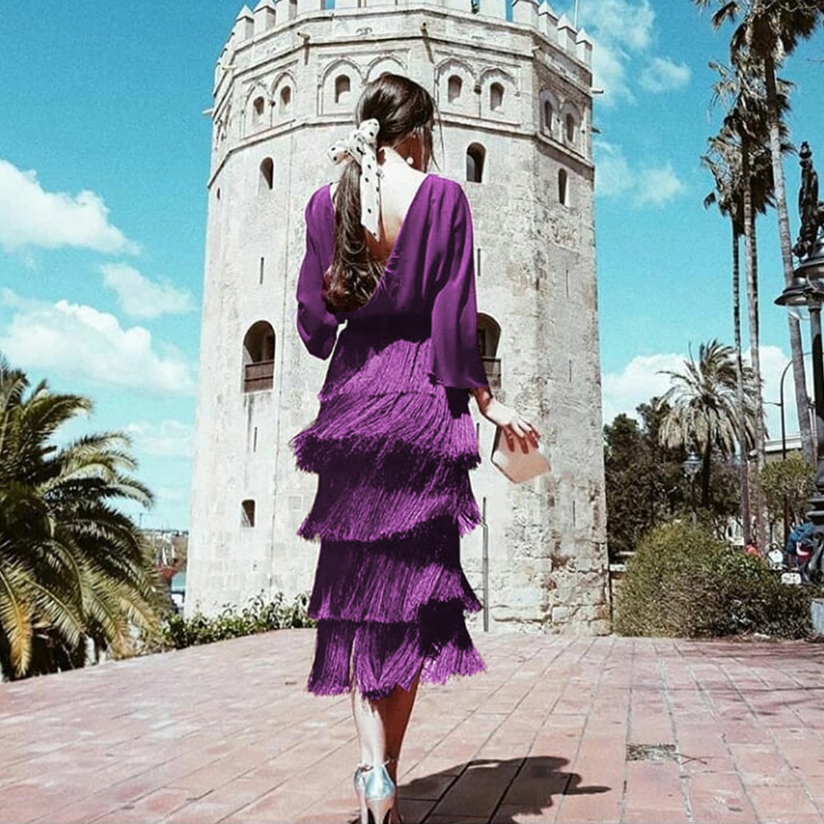 Sexy Backless long sleeves Tassel Purple Maxi Dress