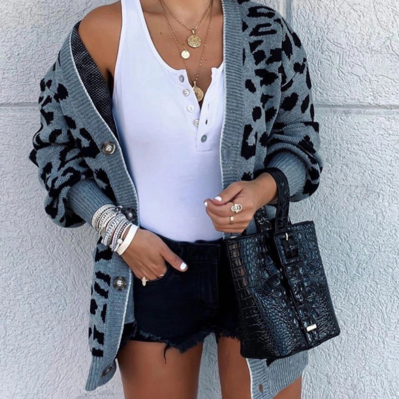 casual leopard print long puff sleeves loose sweater cardigan