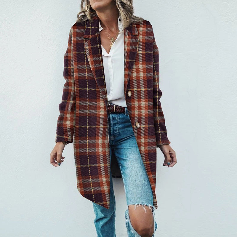 Women's Plaid Lapel Mid- Long Coat