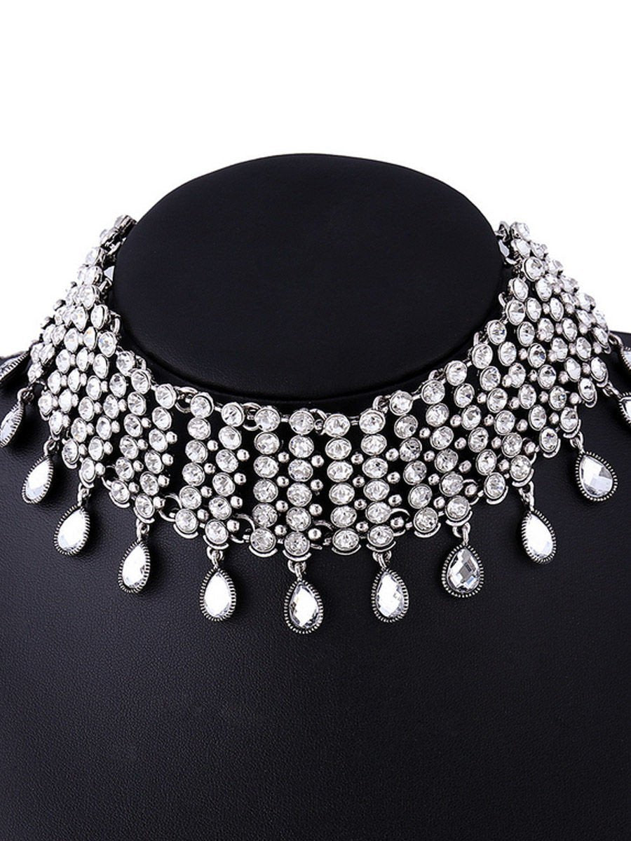 Wide Rhinestone Water-Drop Choker Necklace