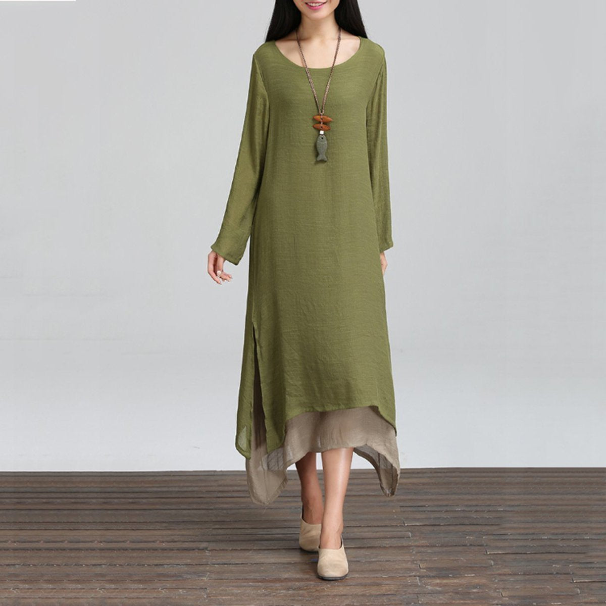 Casual Asymmetric Hem Color Block long sleeves Maxi Dress
