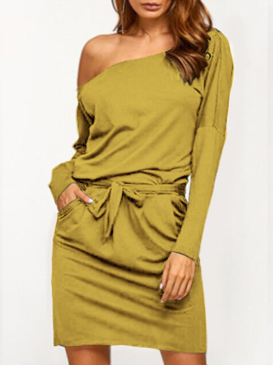 Asymmetric Neck long sleeves Bowknot  Back Hole Belt  Plain Bodycon Dresses