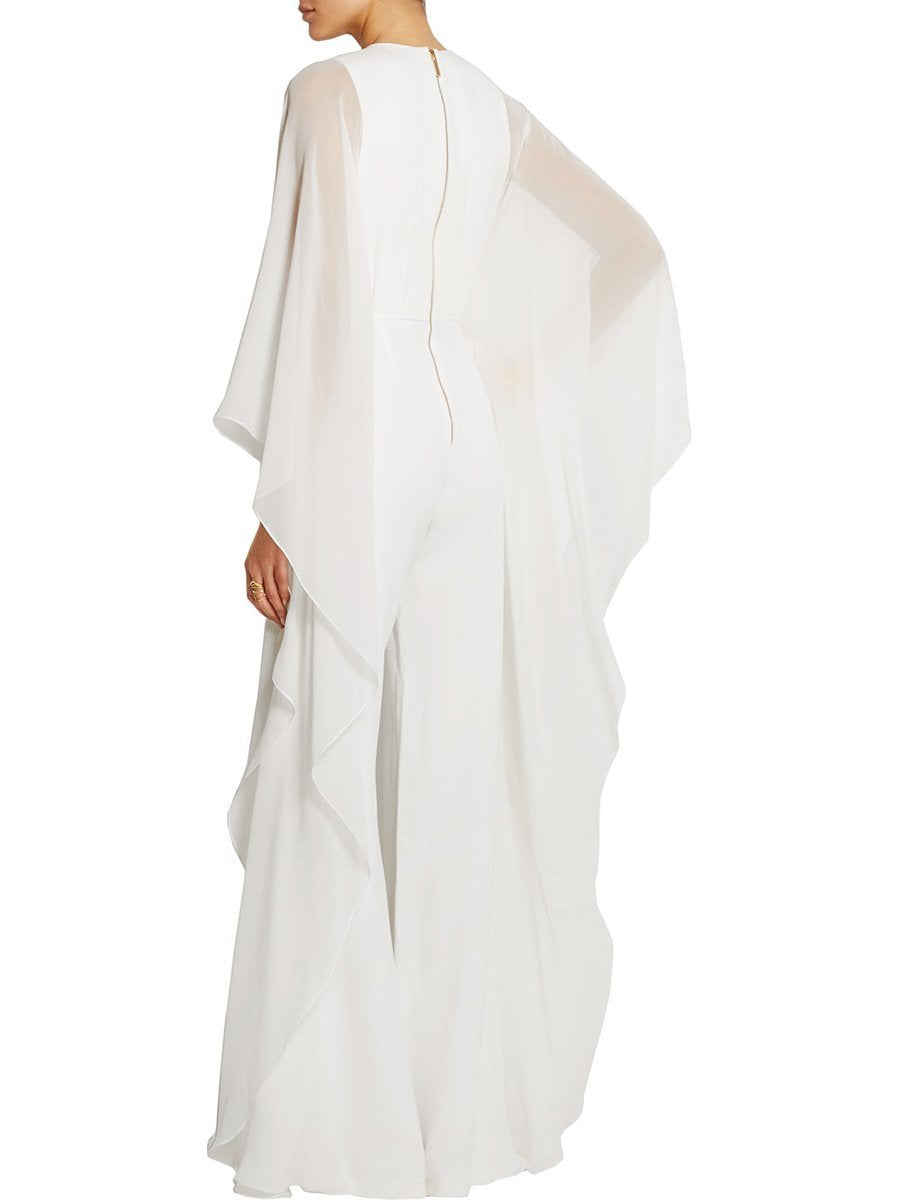 Solid Cape Sleeve Hollow Out Chiffon Wide-Leg Jumpsuit