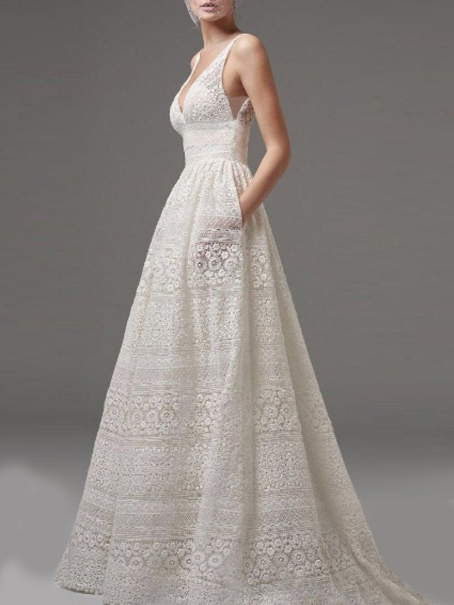 Deep V-Neck sleeveless Hollow Out Plain Lace Wedding Evening Dress