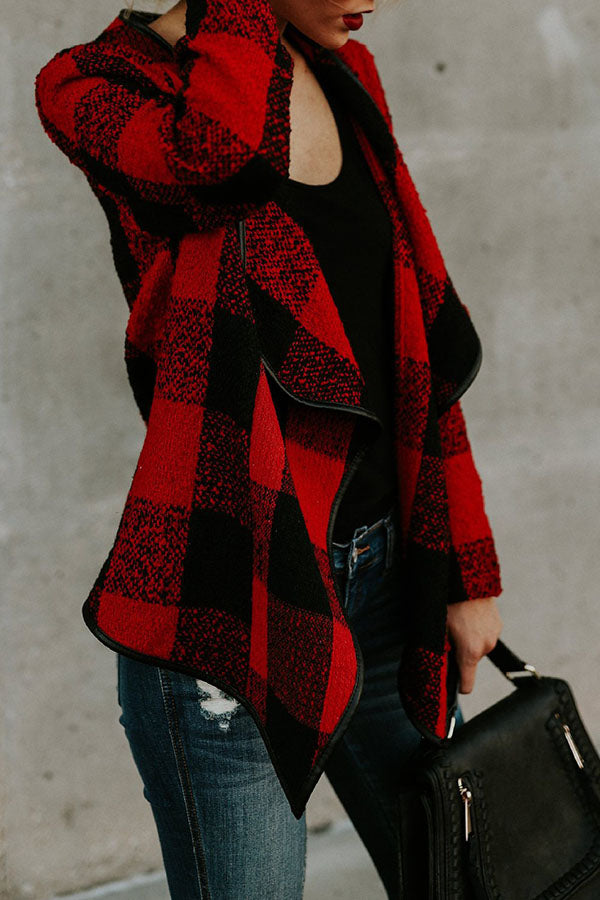 Fold Over Collar  Asymmetric Hem  Plaid Jackets