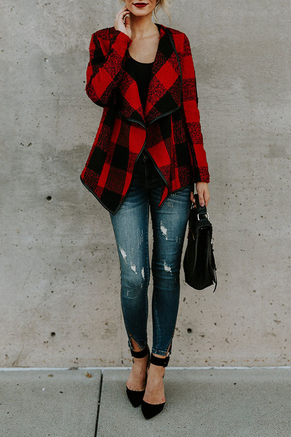 Fold Over Collar  Asymmetric Hem  Plaid Jackets