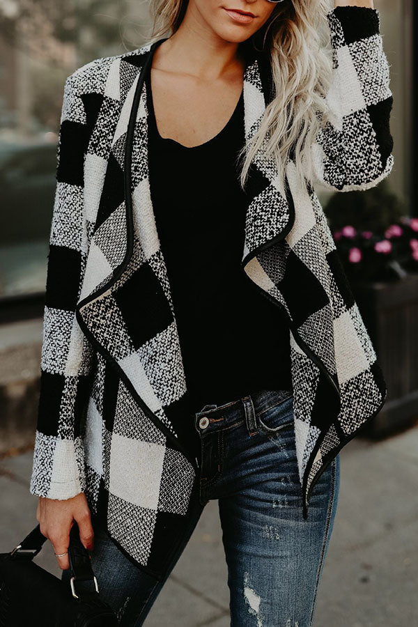 Fold Over Collar  Asymmetric Hem  Plaid Jackets