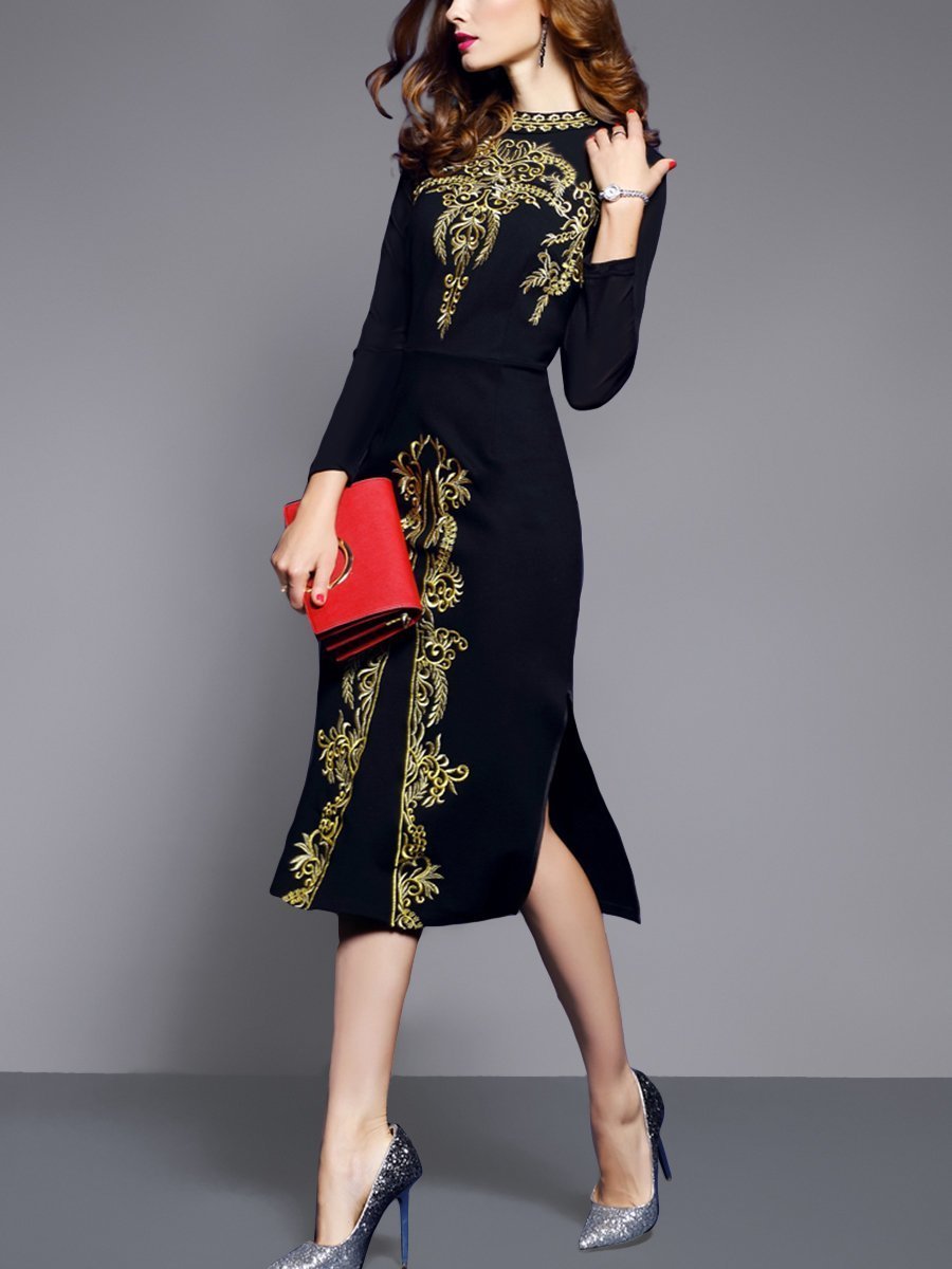 Band Collar long sleeves Abstract Print  Blend Evening Dress