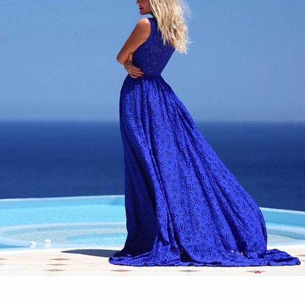 Blue Lace Expansion sleeveless Evening Dress