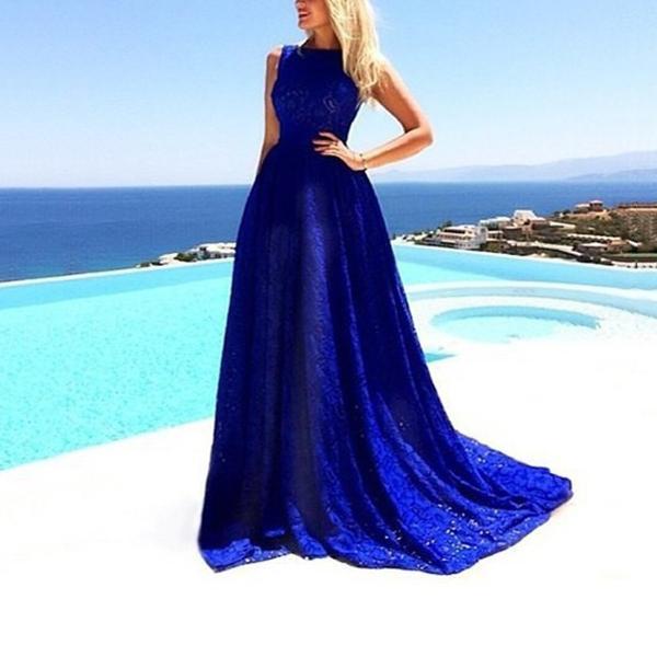 Blue Lace Expansion sleeveless Evening Dress