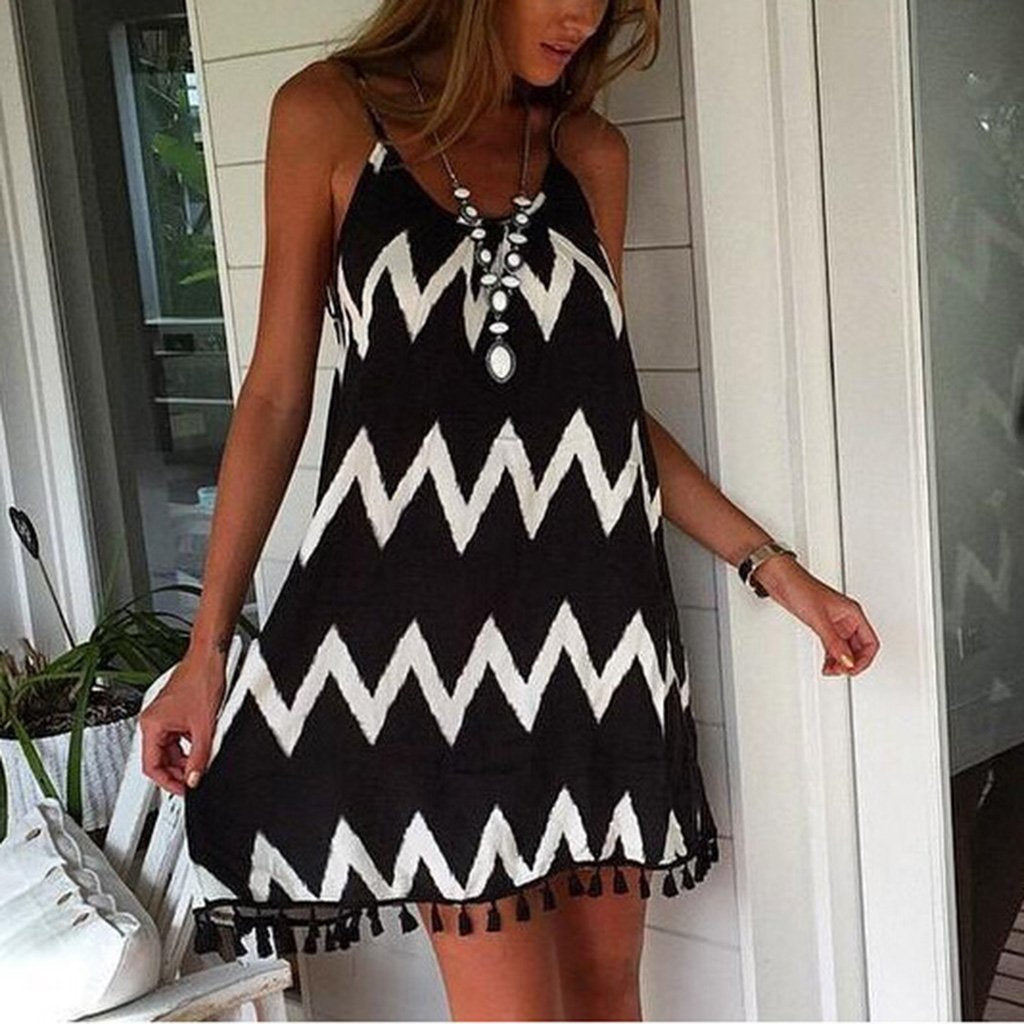 Black & White Wavy Stripes Tassel Sexy Sling sleeveless Mini Dress