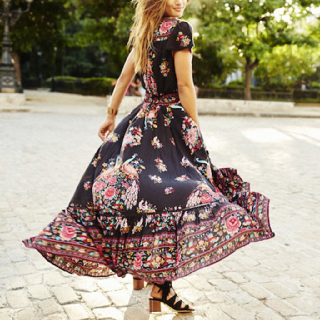 Spring Sexy V Collar Short-Sleeved Retro Printed Expansion maxi Dress