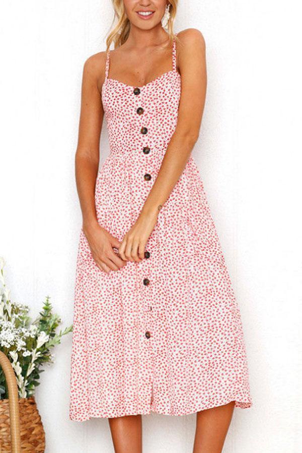 Spaghetti Strap  Single Breasted  Dot Floral Printed  Sleeveless Maxi Dresses