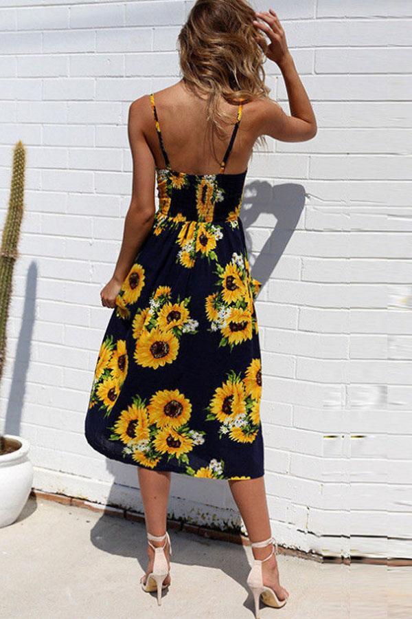 Spaghetti Strap  Single Breasted  Dot Floral Printed  Sleeveless Maxi Dresses