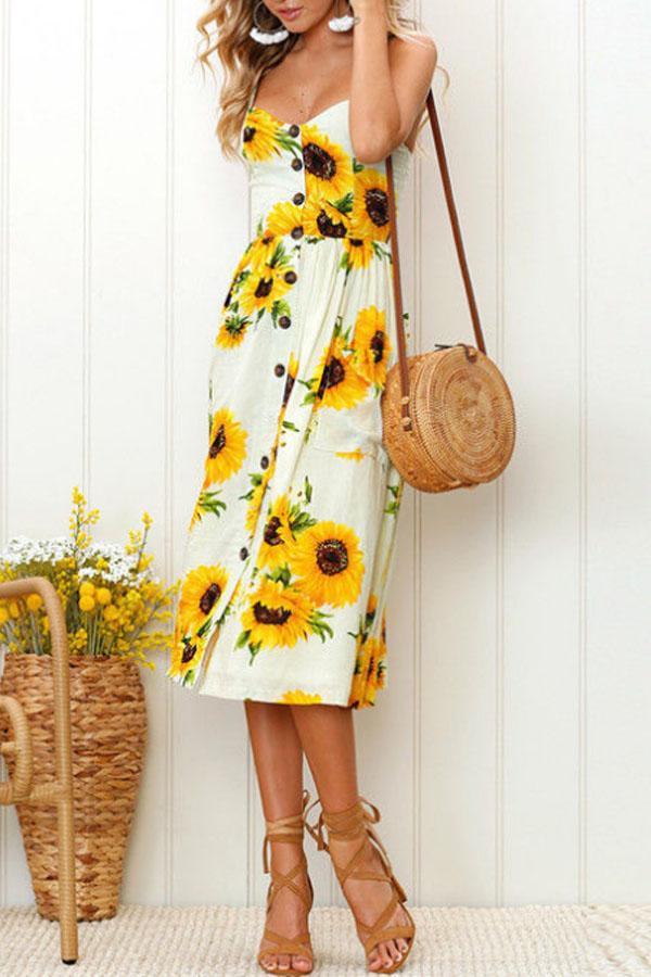 Spaghetti Strap  Single Breasted  Dot Floral Printed  Sleeveless Maxi Dresses