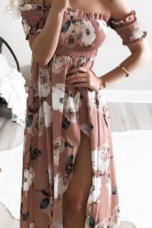 Off Shoulder  Asymmetric Hem High Slit  Floral Printed  Short Sleeve Maxi Dresses