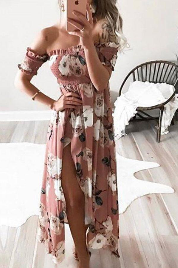Off Shoulder  Asymmetric Hem High Slit  Floral Printed  Short Sleeve Maxi Dresses
