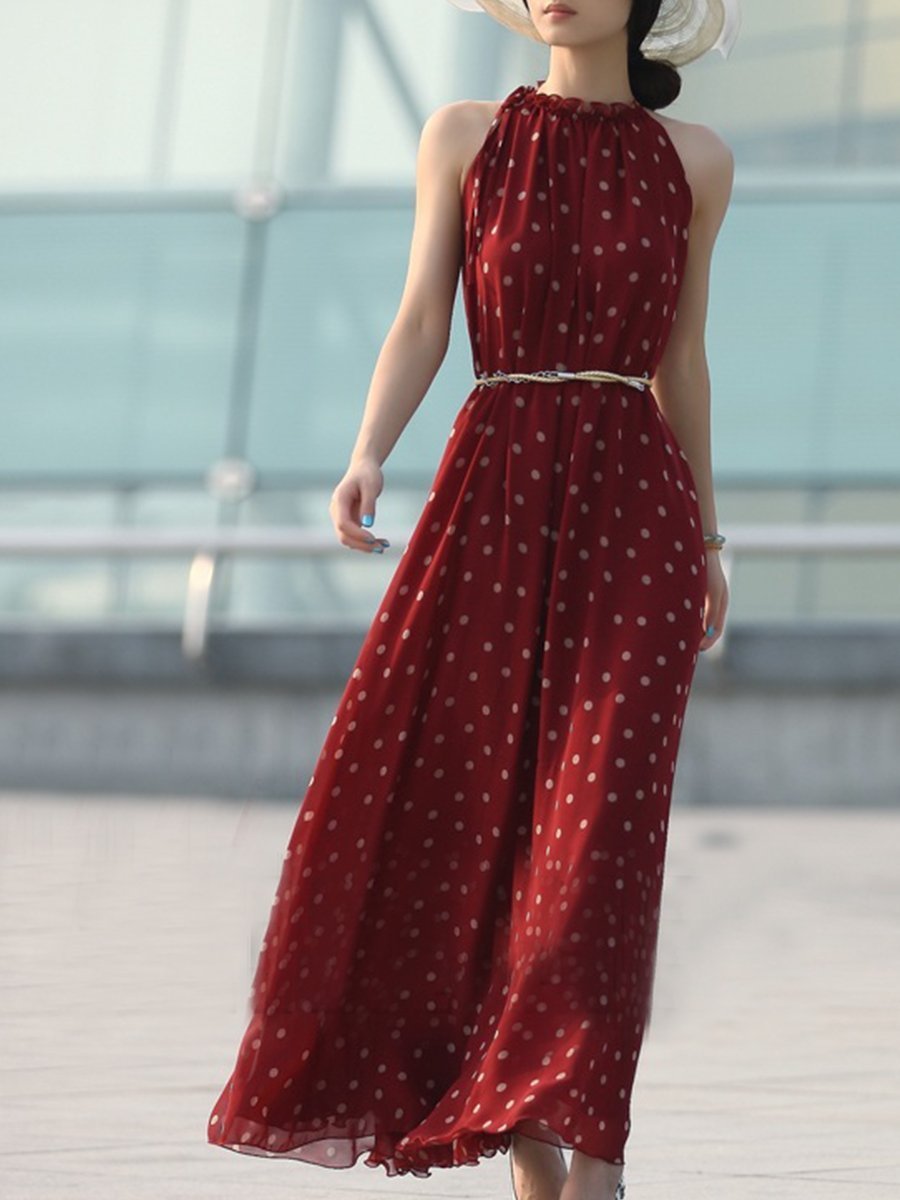 High Neck  Belt  Floral Printed Polka Dot sleeveless Maxi Dress