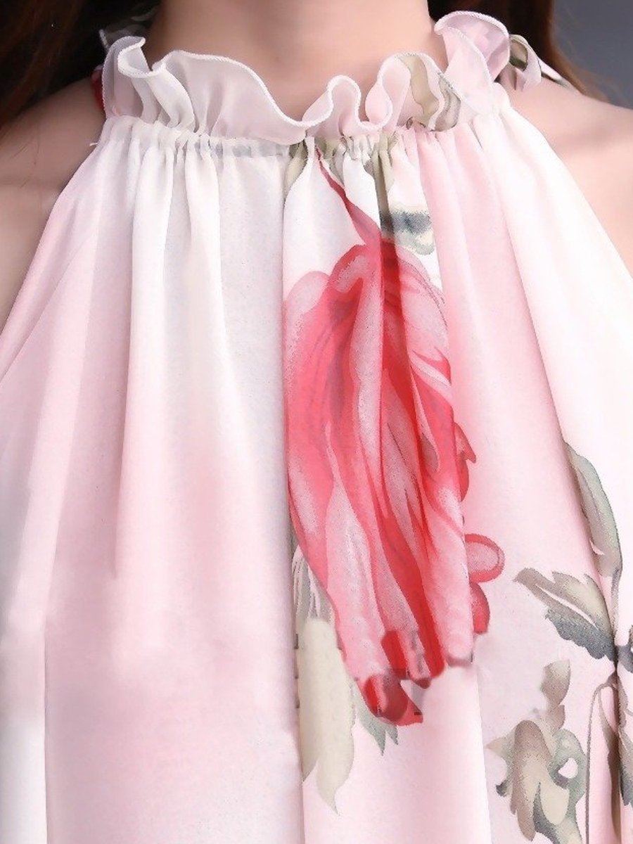 High Neck  Belt  Floral Printed Polka Dot sleeveless Maxi Dress