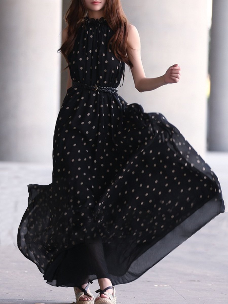 High Neck  Belt  Floral Printed Polka Dot sleeveless Maxi Dress