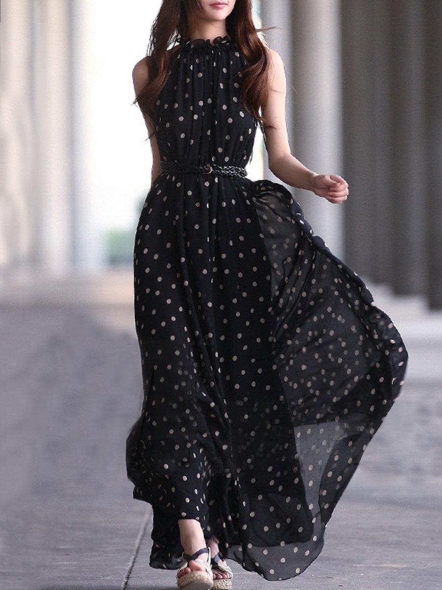 High Neck  Belt  Floral Printed Polka Dot sleeveless Maxi Dress