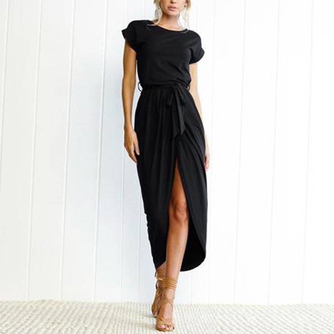 Random Elegant Short Sleeves Splited Hem Casual Dresses