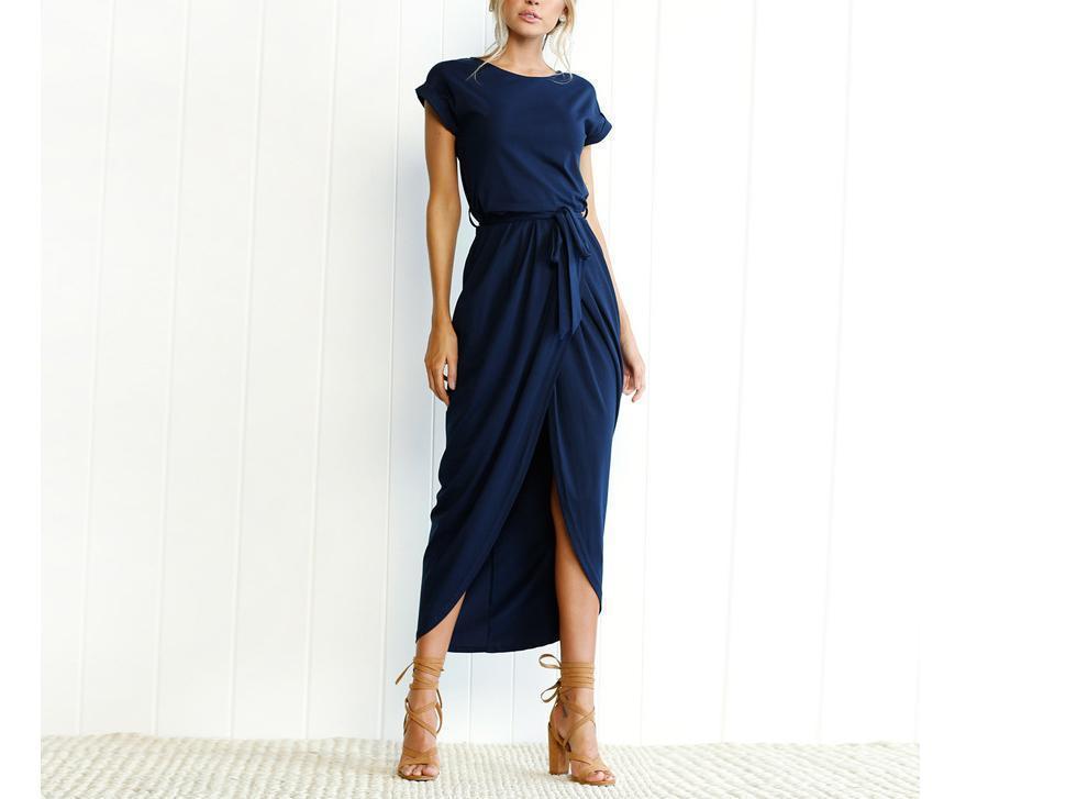 Random Elegant Short Sleeves Splited Hem Casual Dresses