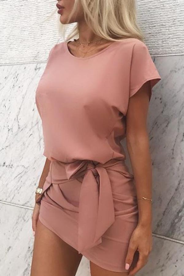 Hem Belt Plain Batwing Extra Short Sleeve Casual Mini Dresses