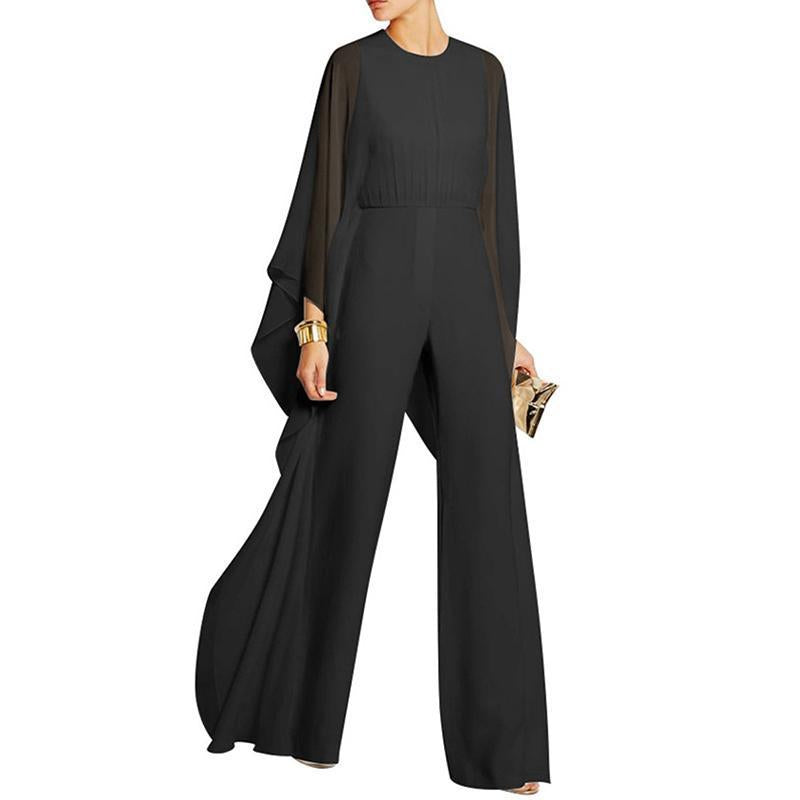 Solid Cape Sleeve Hollow Out Chiffon Wide-Leg Jumpsuit