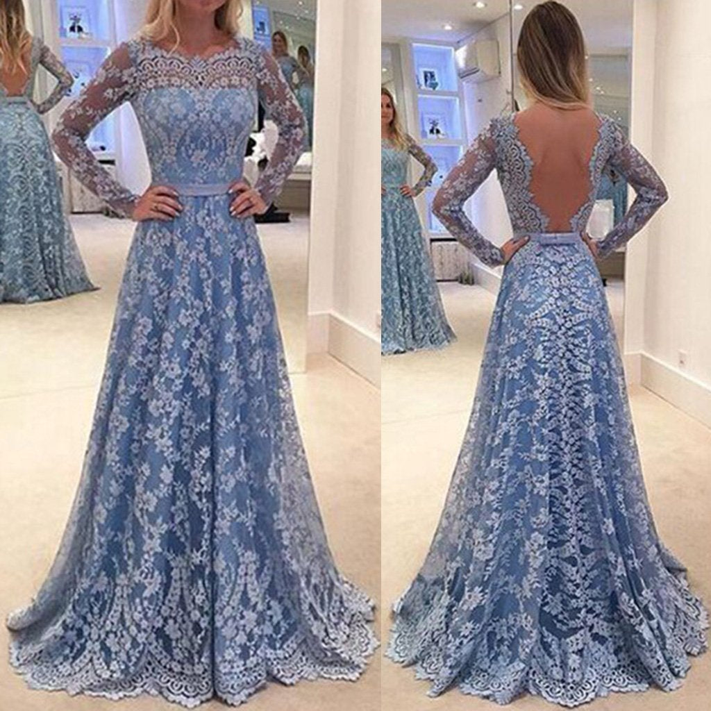 Elegant Lace Embroidery Long-Sleeved Open Back long sleeves Evening Dress