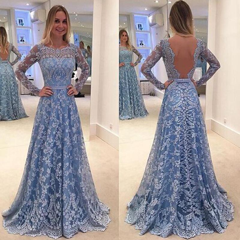 Elegant Lace Embroidery Long-Sleeved Open Back long sleeves Evening Dress