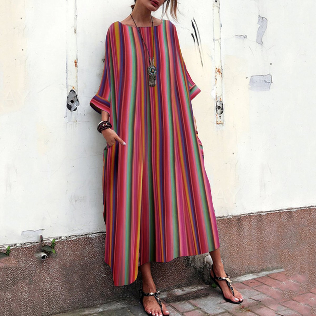 Bohemian Striped  Bell long sleeves Maxi Dress