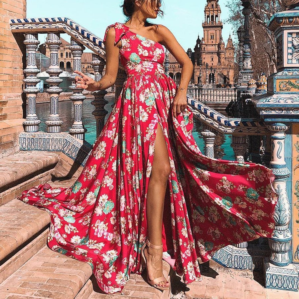 Sexy Floral One Shoulder sleeveless Vocation Maxi Dress