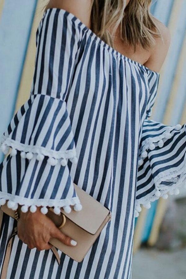 Off Shoulder  Striped  Bell Sleeve  Long Sleeve Casual Dresses