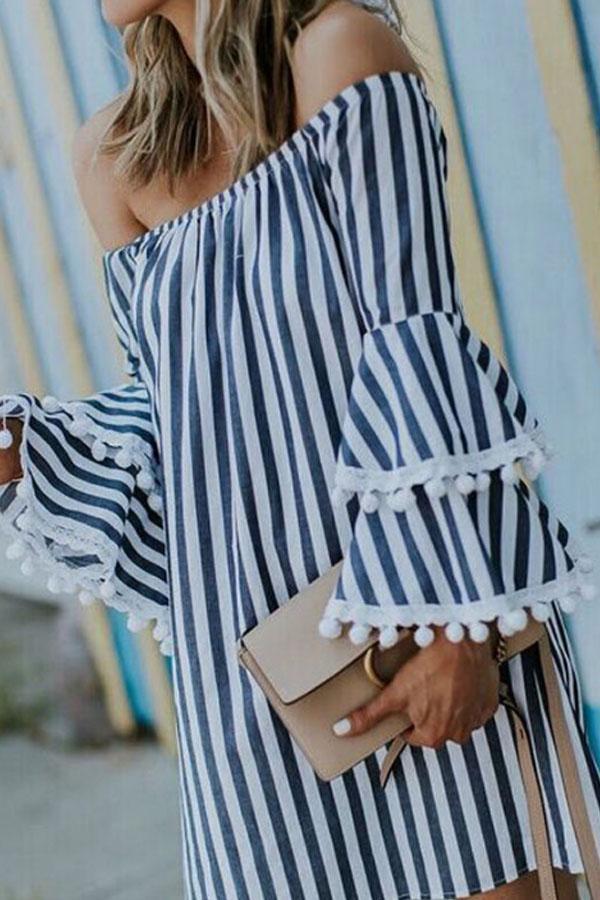 Off Shoulder  Striped  Bell Sleeve  Long Sleeve Casual Dresses